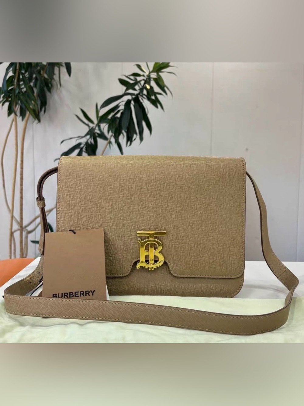 Burberry Tan Leather TB Logo Crossbody Bag
